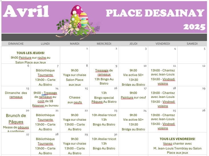 Calendrier mois avril 🐣 - Place Desainay